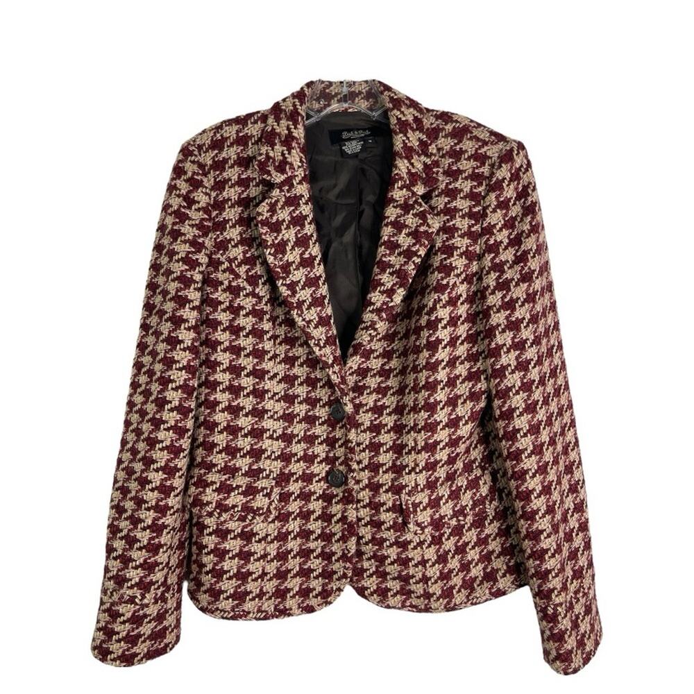 Vintage red tan wool houndstooth preppy tweed office jacket blazer 10